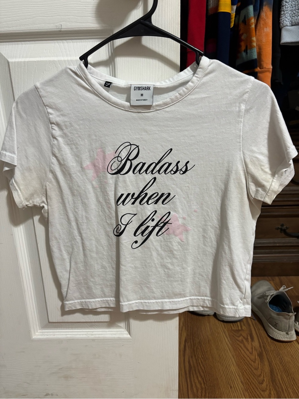 Gymshark White Crop Tee with Black Script and Pink Accents